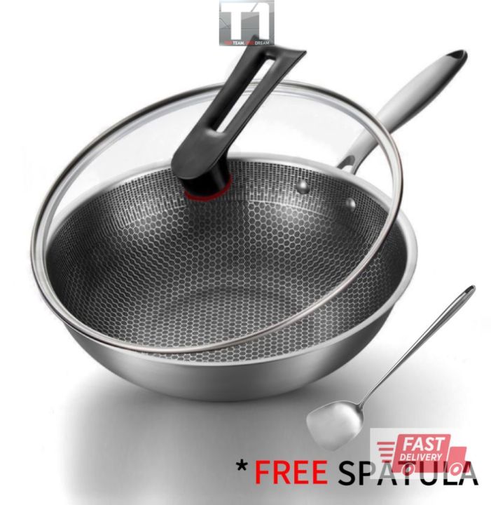 TONE Wok Pan Nonstick Grill Deep Fry Glass Lid Pot Cookware