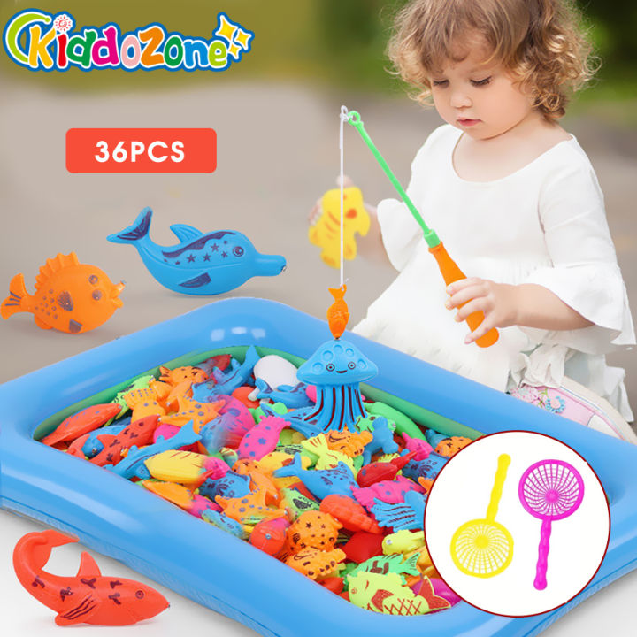 KiddoZone 36PCS Magnetic Fishing Pool Toys Game for Kids Water Table Bath- tub Kiddie Party Toy with Pole Rod Net Plastic Floating Fish Toddler Color  Ocean Sea Animals for 30 Fish, 2 Fishing