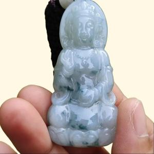 High Quality Light Green Floating Flower Natural Type A Jadeite Jade Crafted as Bodhisattva as Pendant certificate weighs 19.12 grams measurement 58.2 * 27 * 7.3 mm (pendant276)
