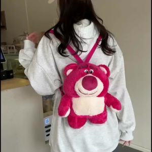 กระเป๋าหมีสตรอเบอรี่น่ารักโฮมเมดสตรอเบอร์รี่หมีกระเป๋าเป้สะพายหลังตุ๊กตาตุ๊กตาโพสท่าสิ่งประดิษฐ์สำหรับแฟนของขวัญวันเกิด