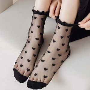 ไม้โปร่งใสหูขอบถุงเท้าหัวใจถุงเท้าตาข่ายสาวไนลอนหญิงสั้นข้อเท้ายืดหยุ่นคริสตัลฤดูใบไม้ผลิถุงเท้าผ้าไหม