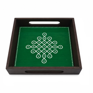 Kolam Printed Wooden Trays 6*6 Inches | Muggulu Wooden Serving Tray with Handles | Pooja & Home Décor | Navaratri | Diwali | Festive & Gifting |1 Pc