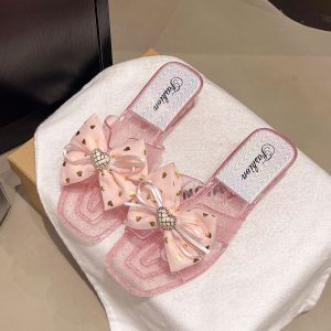 [Free Shipping] WomenS Summer Outdoor Low-Heeled Sandals Fashionable New Design With A Bow Casual Open-Toe Slip-On Sandals