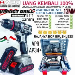APR Bor Impact drill Brushless type AP34+ 13mm Keyless auto lock 2 batre bor besi kayu driver sekrup