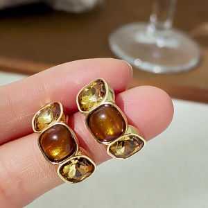 Fashionable Ring Gift 美拉德几何方块咖色水晶环形耳钉女高级感轻奢复古通勤耳环耳饰品