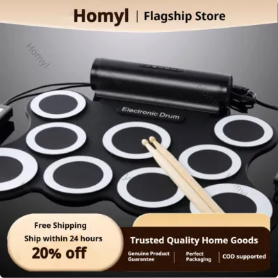 Homyl Beginner Friendly Roll-up Electronic Drum Set Built-in Speakers Portable Electronic Drum Pad Pedals Included Music Instrument Headphone Port for Beginners Kids Learning Family Entertainment