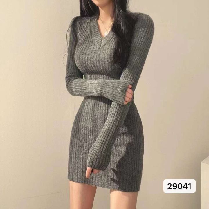 VIEVENA New Korean knitted dress sexy long sleeve V-neck minidress ...