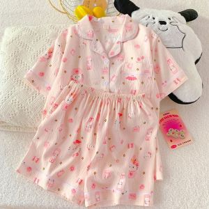 Alisa.sonya ชุดนอนสำหรับผู้หญิงชุดนอนน่ารักผ้าฝ้ายการ์ตูนชุดตกแต่งบ้านกางเกงขาสั้นแขนลำลองขาสั้น