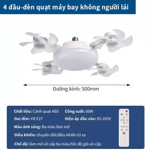 Quạt treo trần kiêm đèn led đui e27 siêu sáng và mát công suất 50w - Điều Khiển Từ Xa - 2 Chức Năng trong 1 3 cánh 4 cánh máy bay không người lái