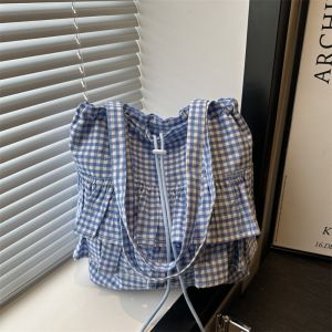 LANGJ แบบเกาหลี กระเป๋าสะพายใบบัว แฟชั่น ความจุขนาดใหญ่ กระเป๋าแบบมีเชือก วินเทจ การพิมพ์ กระเป๋าโท้ตลายตาราง ผู้หญิง