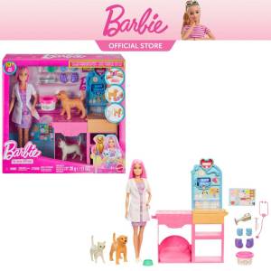 Barbie Careers Veterinarian Clinic Playset with Pink Colored Hair Fashion Doll Vet Furniture & 10+ Accessories Including Molds & Dough for Bandages