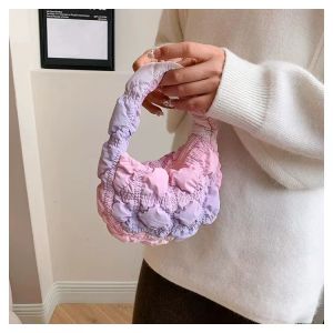 (SG Seller) Pink Gradual Womens Crossbody Bag Pleated Cloud Shoulder Bag Trend Down Ruched Underarm Bag Ladies Nylon Fashion Dumpling Bags