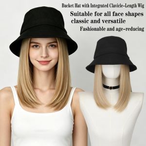 CHARMI Bucket Hat Black Fisherman Hat Wig Hairpiece Synthetic Short Straight Hair Hat Wigs Simple Natural Hat and Wig All-In-One for Women