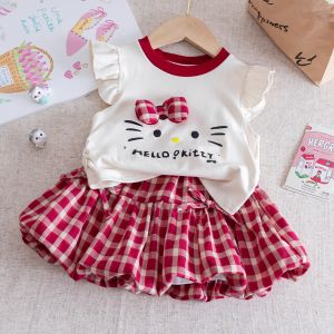 สาวชุดใหม่ฤดูร้อนเด็กการ์ตูนน่ารักแมว KT ด้านบน+กระโปรงลายสก๊อตสองชิ้น