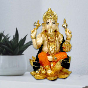 Pearl White VIGHNAHARTA GANESHA - Pure 24kt Gold Plated Solid Idol - Size: 18cm x 11.5cm - “Conqueror of Obstacles”