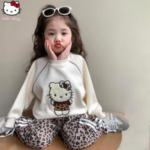 Christmas gifts Halloween Anime Sanrio Hello Kitty Autumn New Leopard Print Casual Outfit Kawaii Little Girls Bow Sweet Trousers Cartoon Sweet Pullover