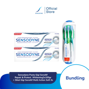 Sensodyne Pasta Gigi Sensitif Repair & Protect Whitening 2x100gr + Sikat Gigi Sensitif Multi Action Soft 3s