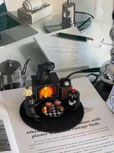 Black Cat Cozy Fireplace / House Kitten Figurine /Decorative Gift / Halloween Atmosphere Decor / Fortune-Turning Ornament / Birthday Present