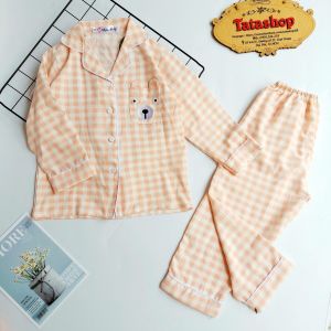 16 đến 40kg - Bộ pijama mặc ngủ bé trai bé gái thêu gấu dễ thương vải lụa hàn caro cao cấp 089