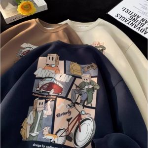 Womens & Mens American Retro Loose Round Neck Sweatshirt Casual Versatile Long Sleeve Large Size Loose Sweatshirt