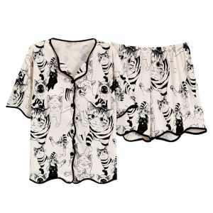 GOOTRADES Heart Pochacoo Pajamas Shorts Short Sleeve Dog Cat 2 Piece Nightwear Comfortable Kawaii Casual Sleepwear Set Summer