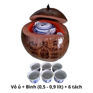 Bộ bình ủ trà trái dừa khắc "Câu đối" / Bình trà 04 - 09 lít / Giữ ấm 3 - 6 giờ / Sản phẩm sản xuất thủ công trứ danh xứ dừa Bến Tre
