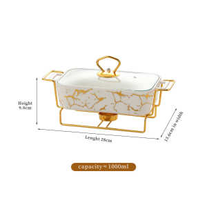 Dining table plates with double ear stone patterns for household use equipped with a oven made of black and white ceramic from a Nordic hotel with a long rectangular cover.