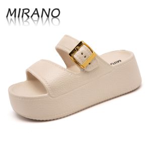 MIRANO 8032-2 new arrival women wedge sandal gold buckle simple fashion imitation leather high quality womens rubber slippers sandals Open Toe 5-8cm Footwear Shoes Girl Walking Shoes Summer Casual Comfortable height increasing adjustable strap slip ons