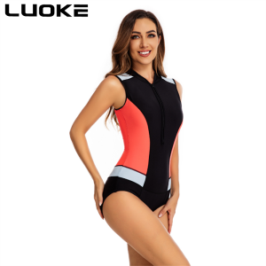 Luoke Womens One Piece Sleeveless Swimsuit Color Contrast Print Slim Fit Swimwear