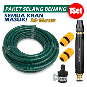 Paket 20 Meter Selang Semprotan Air Semprot Cuci Motor Mobil Siram Taman Benang Hijau Komplit Tinggal Colok Pasang Kran Selang Air Serat Benang Cuci Motor