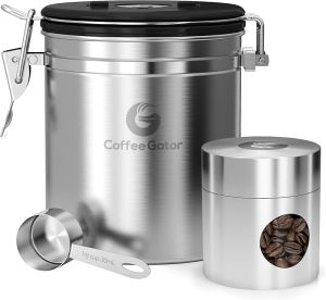 Coffee Gator Coffee Canister Stainless Steel Airtight Coffee Containers for Ground Coffee with Date-Tracker CO2-Release Valve Measuring Scoop & Travel Jar - Medium 16 oz Silver