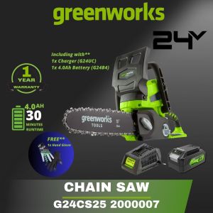 Greenworks G24CS25 24V Cordless 10 Chainsaw (1 Year Warranty) Gergaji Kayu Chain Saw battery Chainsaw