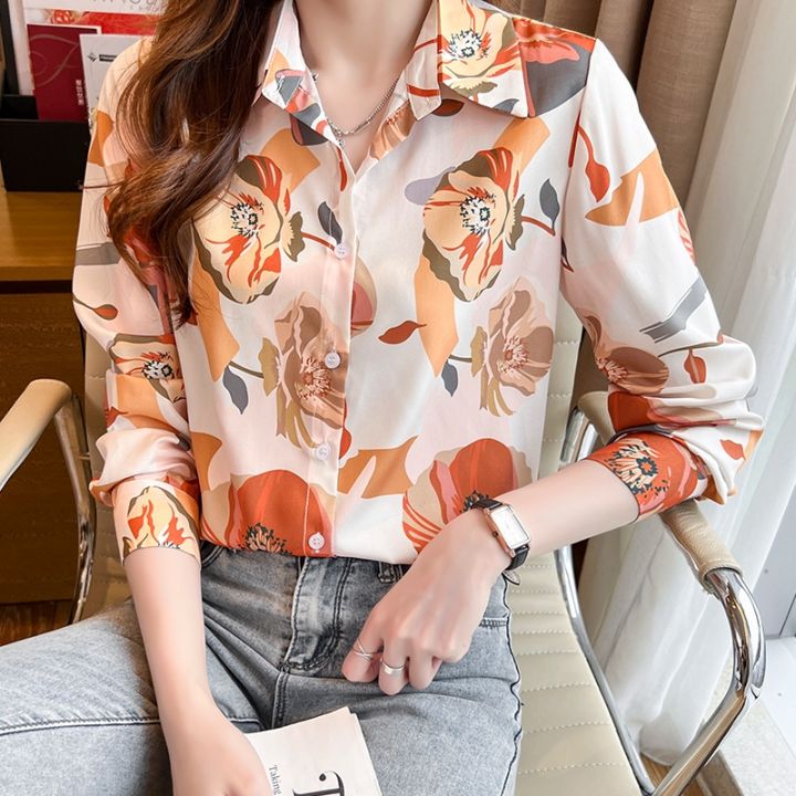 Women's New Flower Print Long-Sleeved Shirt Summer Casual Loose