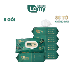 TỔNG KHO_Thùng 5 gói khăn ướt Lamy gói 80 tờ không mùi không cồn không chất tẩy an toàn cho bé