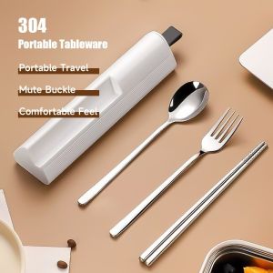 Portable Cutlery Set 304 Stainless Steel with Box Tableware Chopsticks Forks SpoonsThree-Piece Set