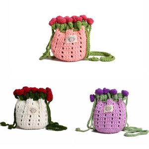 Elegant Cotton Rope Crochet Bag Bohemian Style Rose Bouquet Design Beach Bucket Bag Crossbody Bag Travel