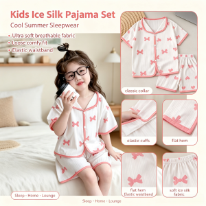 AILEBE Kids Pajamas Ice Silk Terno Sleepwear Set Ultra Soft Breathable Moisture-Wicking Summer Pajama Classic Collar Short Sleeve Loose Comfy Fit Elastic Waistband Easy Wear Keeps Cool In Hot Weather Pambahay Pantulog For Baby Girls Boys 0-10 Years