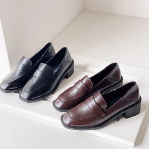 Giày Nữ Loafer Moca Basic Da Mềm Fullbox 5cm Màu Đen Nâu