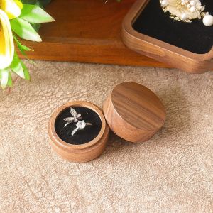 GJ56 Luxury Walnut Wood Rings Holder Round 1/2 Slots Rings Display Case Multi-function Storage Jewelry Organizer Couple