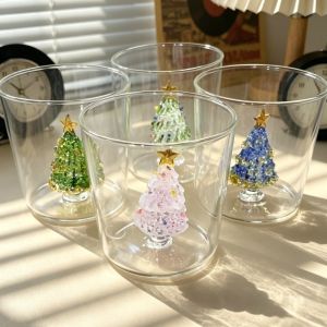 HUYAN Heat-resistant 3D Christmas Tree Built-in Glass Cup Transparent High Borosilicate Glass Christmas Gift Christmas Art Reusable Coffee Milk Mug Tea Espresso Cup Holiday Table Decor