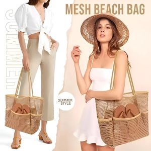 Mesh Beach Bag Travel Toiletry Tote Large Capacity Swimming Storage Bag Shoulder Shopping Bag