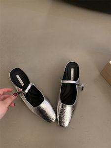 Design Silver Mary Jane Semi-slippers Wear French Single Shoes Silver Shoes Spring and Summer Block Heels High Heels Womens Shoes