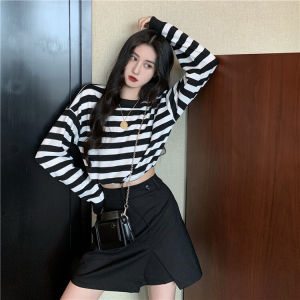 IELGY Casual Slim High waist Short Striped Top Trendy Loose Long sleeves Womens T-shirt
