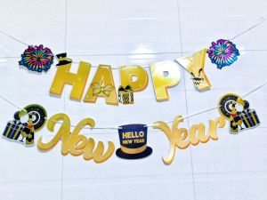 Welcome 2026 HAPPY NEW YEAR theme Gold stamp Fireworks Gift Box Gentlemans hat party decorations cardboard flag banner