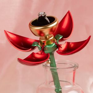 GUDAN กันฝุ่นกันฝุ่น กล่องแหวนขอทานดอกไม้ กันน้ำกันน้ำได้ สง่างามเรียบหรู กล่องแหวนกุหลาบ กล่องแสดงเครื่องประดับ สีชมพูอมชมพู กล่องเครื่องประดับบลูมมิ่งอัตโนมัติ วันวาเลนไทน์