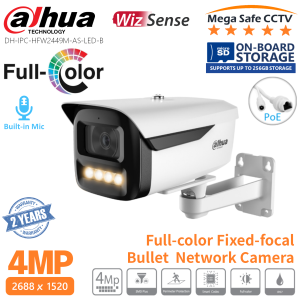 Dahua 4MP Full Color H.265 PoE Metal Outdoor Bullet Wizsense IP Network Camera Colored Night Vision Fixed-focal lens Support Micro SD card up to 256GB Alhua Network CCTV Camera (DH-IPC-HFW2439M-AS-LED-B-S2 | DH-IPC-HFW2449M-AS-LED-B)
