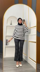 ZAINA SETCEL | One set Remaja Wanita Kekinian | Setelan Celana Stripe Knit | One Set Motif Terbaru