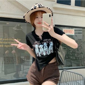 ABC BJ391 Baju Kaos Crop Top Printed Mix Button Pin Atasan Wanita Lengan Pendek Korean Style Termurah