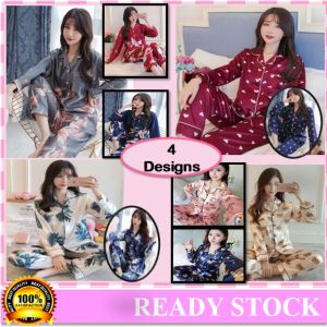 ❤️XL-5XL❤️ Ready Stock Ice Silk Satin Modern Collection Essentials Love Women Baju Tidur Wanita Collar Printed Pyjamas Set with 10 Designs LL06