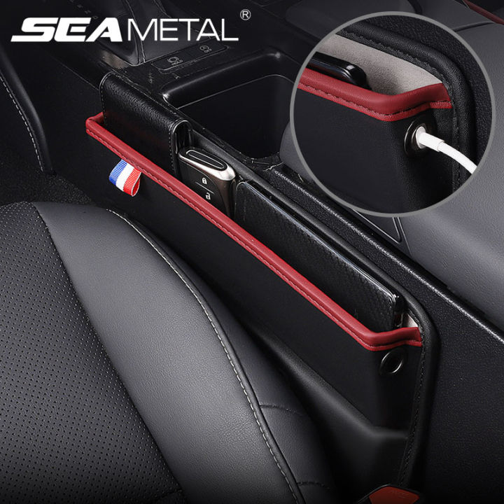SEAMETAL PU Leather Car Seat Gap Storage Bag Universal Auto Seats Gap Organizer with Phone Charging Cable Hole Storage Box
